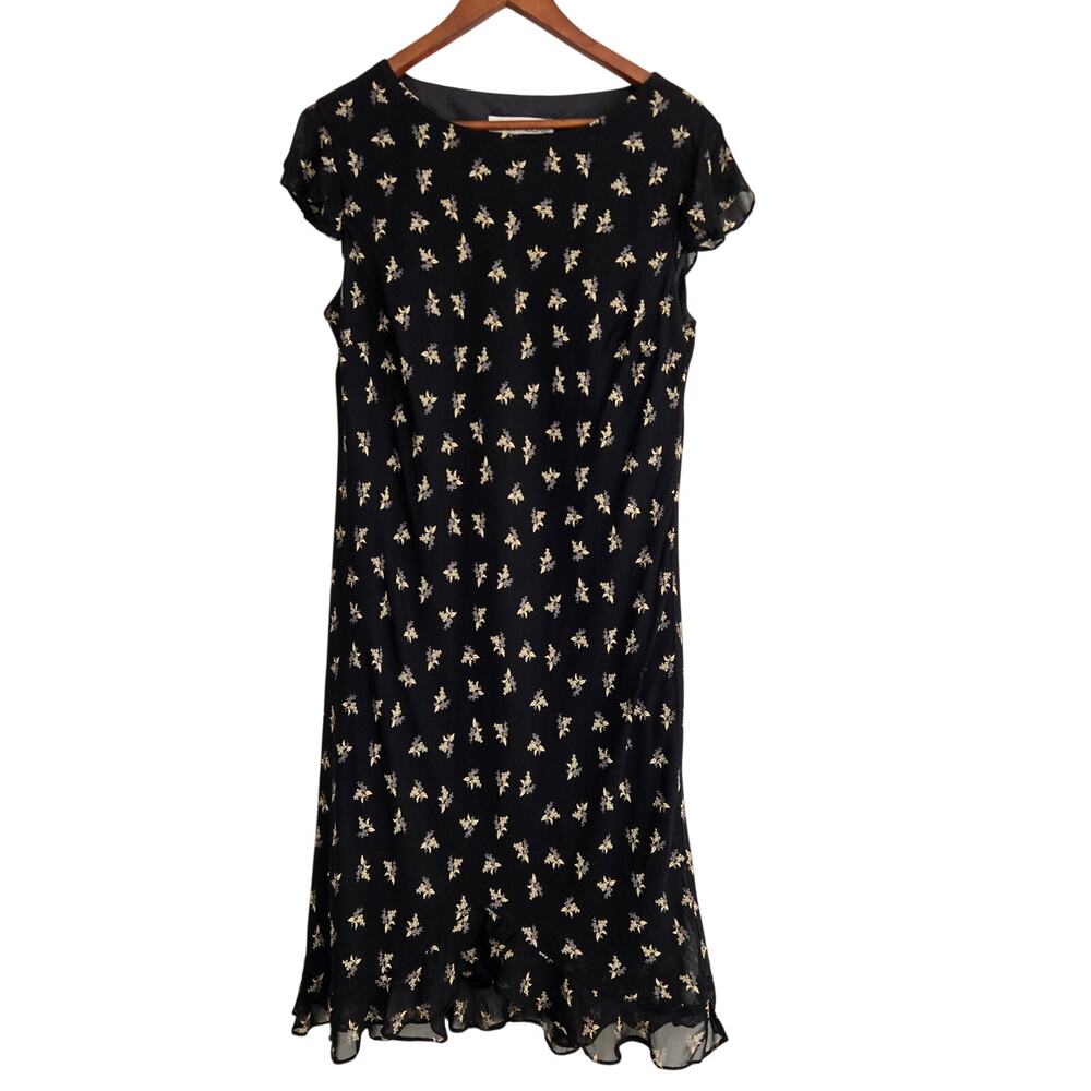 Vintage 90s Romantic Grunge Black Chiffon Floral Ditsy Midi Indie Dress Size 16